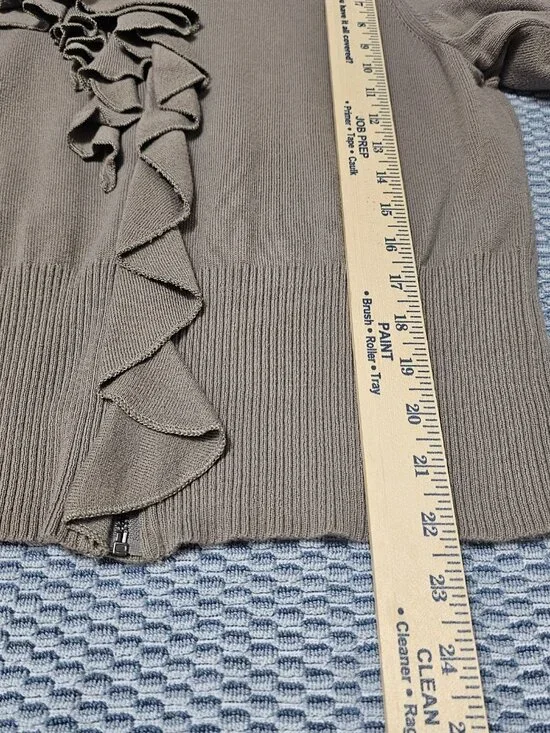 Elle Zipped Ruffled 3/4 Sleeves Cardigan Light Brown - Size Large - Picture 6 of 6